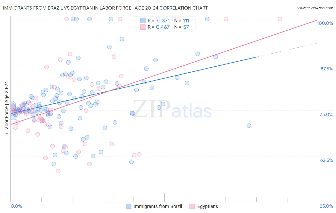 Immigrants from Brazil vs Egyptian In Labor Force | Age 20-24