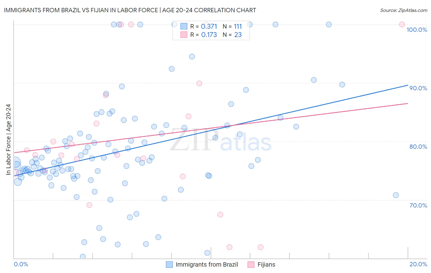 Immigrants from Brazil vs Fijian In Labor Force | Age 20-24