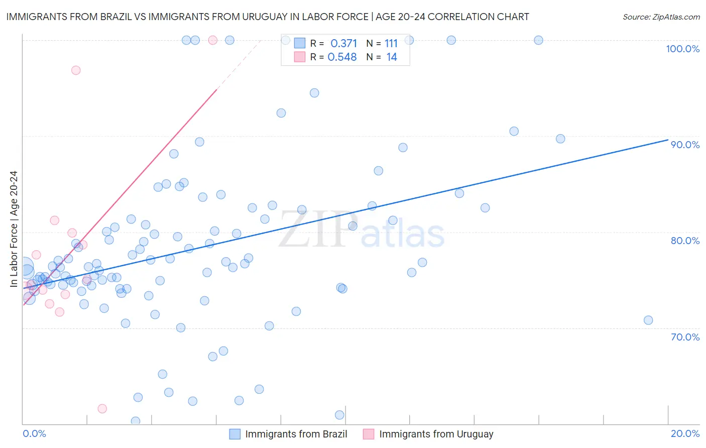 Immigrants from Brazil vs Immigrants from Uruguay In Labor Force | Age 20-24