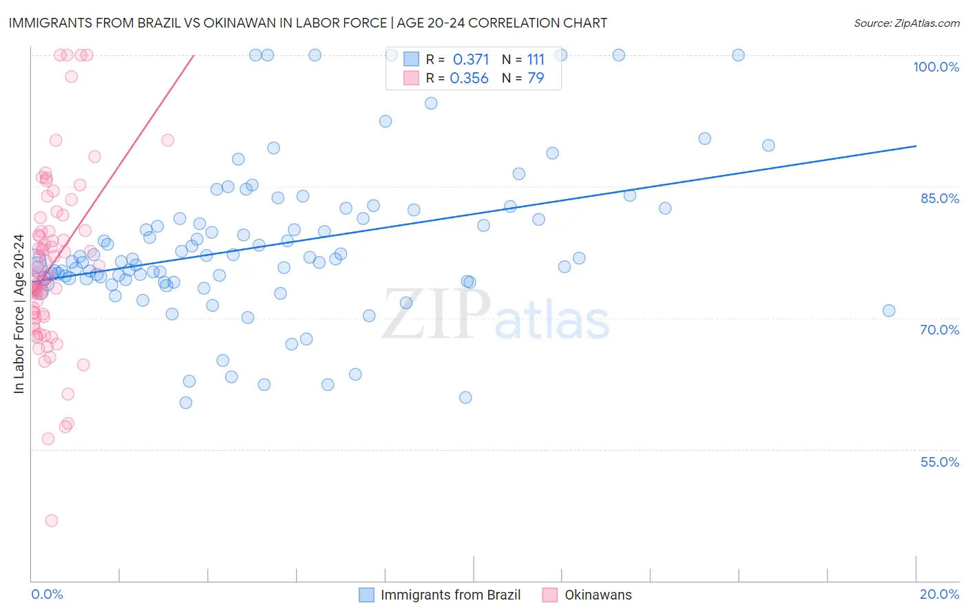 Immigrants from Brazil vs Okinawan In Labor Force | Age 20-24