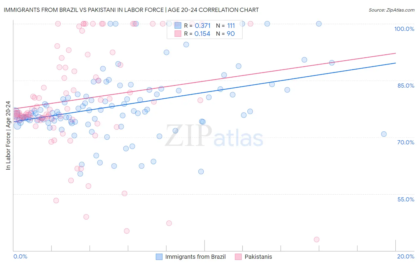Immigrants from Brazil vs Pakistani In Labor Force | Age 20-24