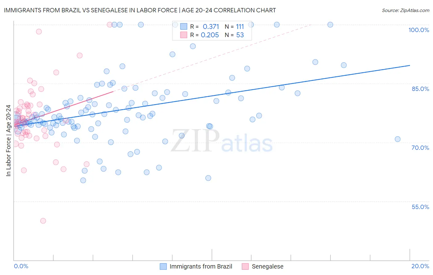 Immigrants from Brazil vs Senegalese In Labor Force | Age 20-24