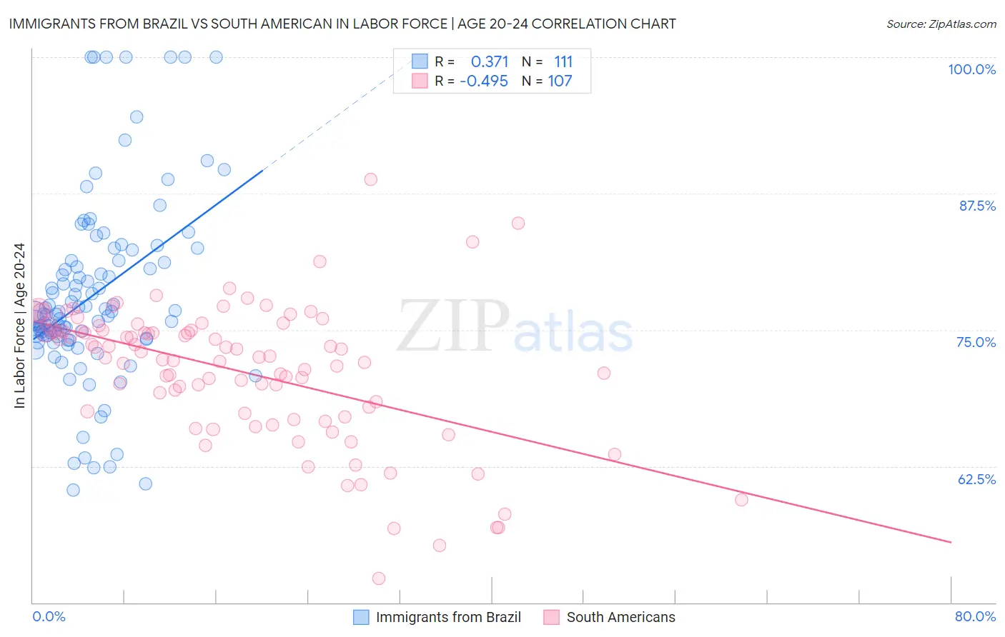 Immigrants from Brazil vs South American In Labor Force | Age 20-24