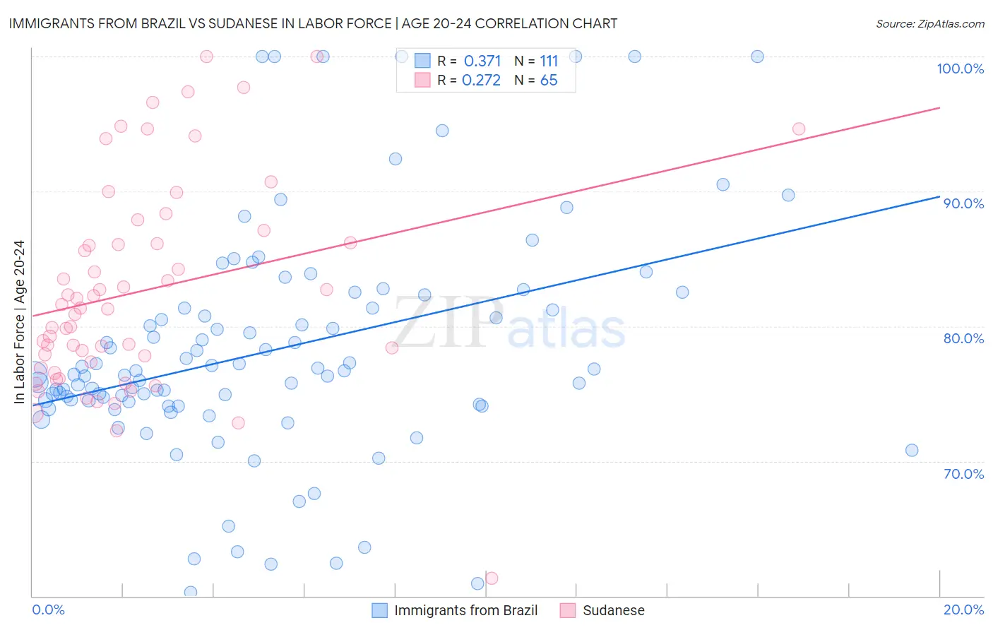 Immigrants from Brazil vs Sudanese In Labor Force | Age 20-24