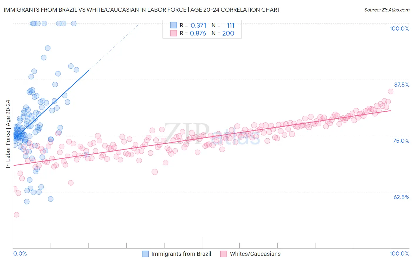 Immigrants from Brazil vs White/Caucasian In Labor Force | Age 20-24