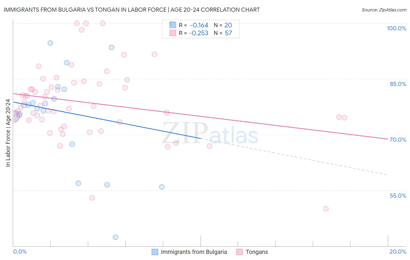 Immigrants from Bulgaria vs Tongan In Labor Force | Age 20-24