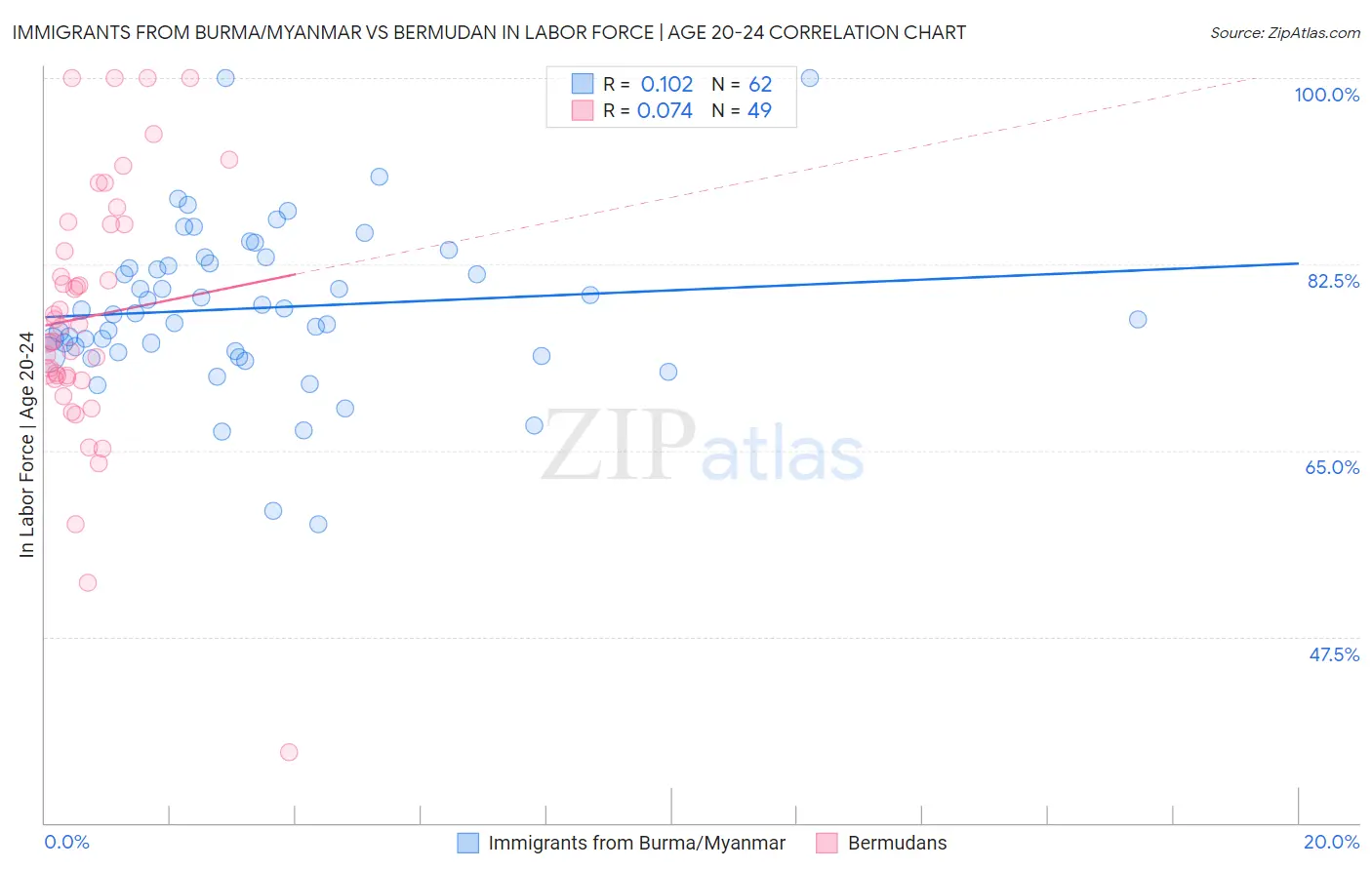 Immigrants from Burma/Myanmar vs Bermudan In Labor Force | Age 20-24
