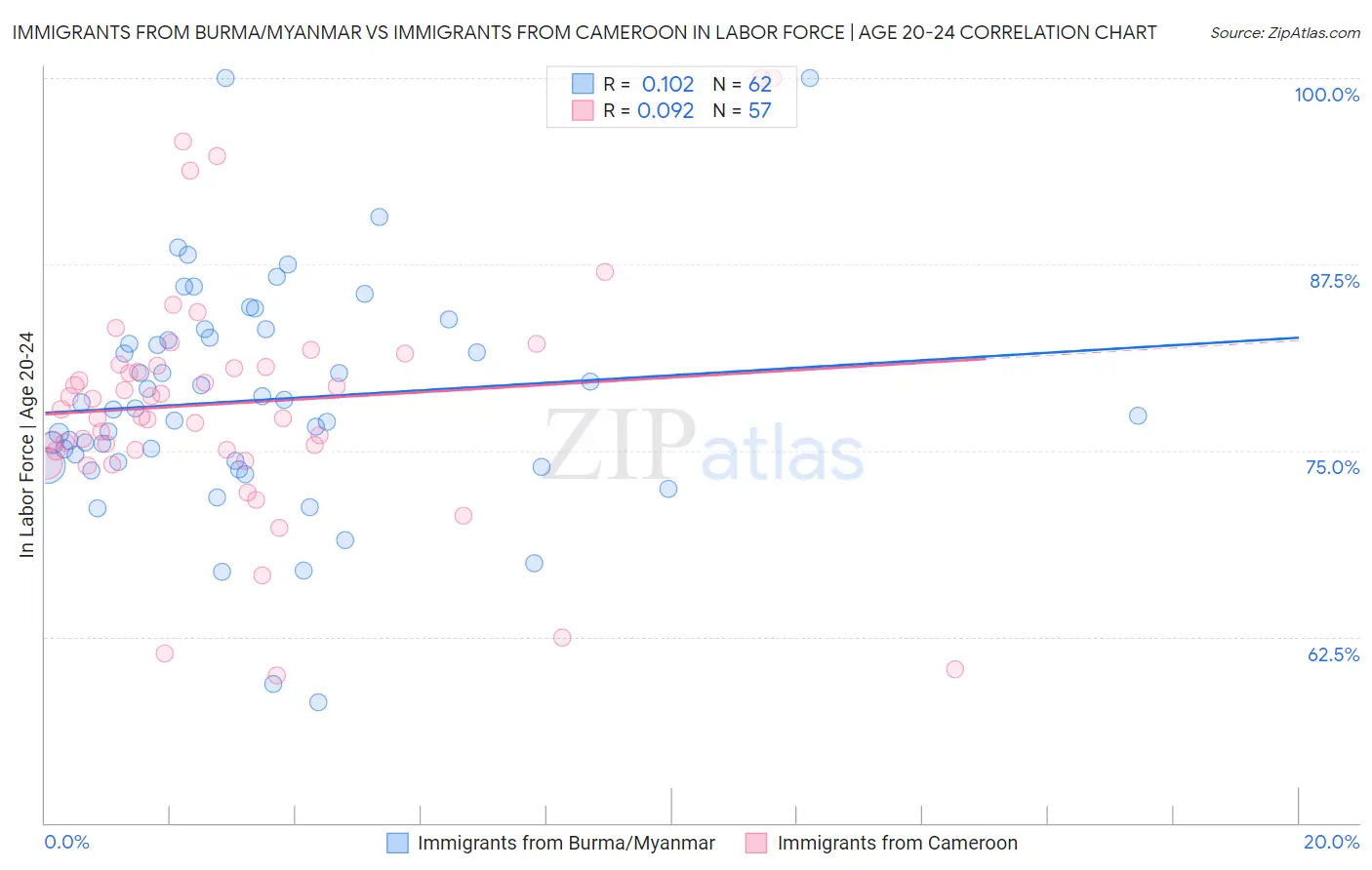 Immigrants from Burma/Myanmar vs Immigrants from Cameroon In Labor Force | Age 20-24