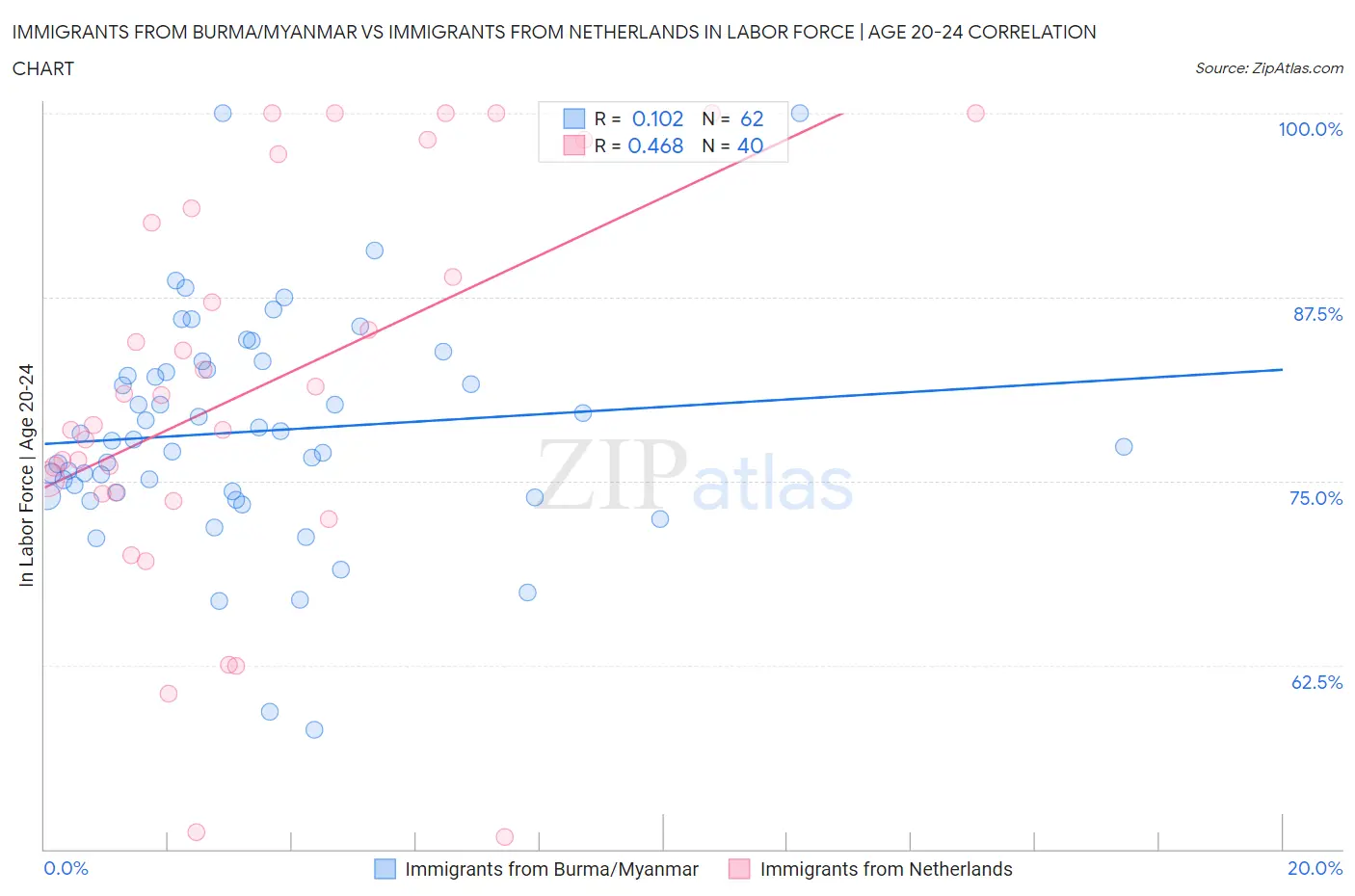 Immigrants from Burma/Myanmar vs Immigrants from Netherlands In Labor Force | Age 20-24