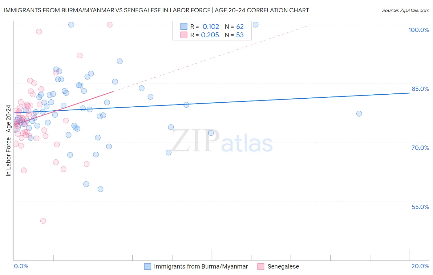 Immigrants from Burma/Myanmar vs Senegalese In Labor Force | Age 20-24