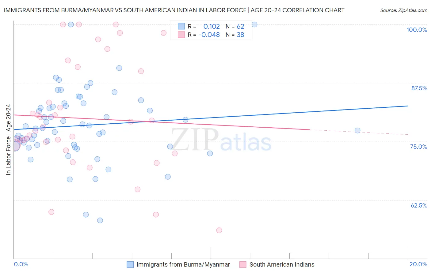 Immigrants from Burma/Myanmar vs South American Indian In Labor Force | Age 20-24