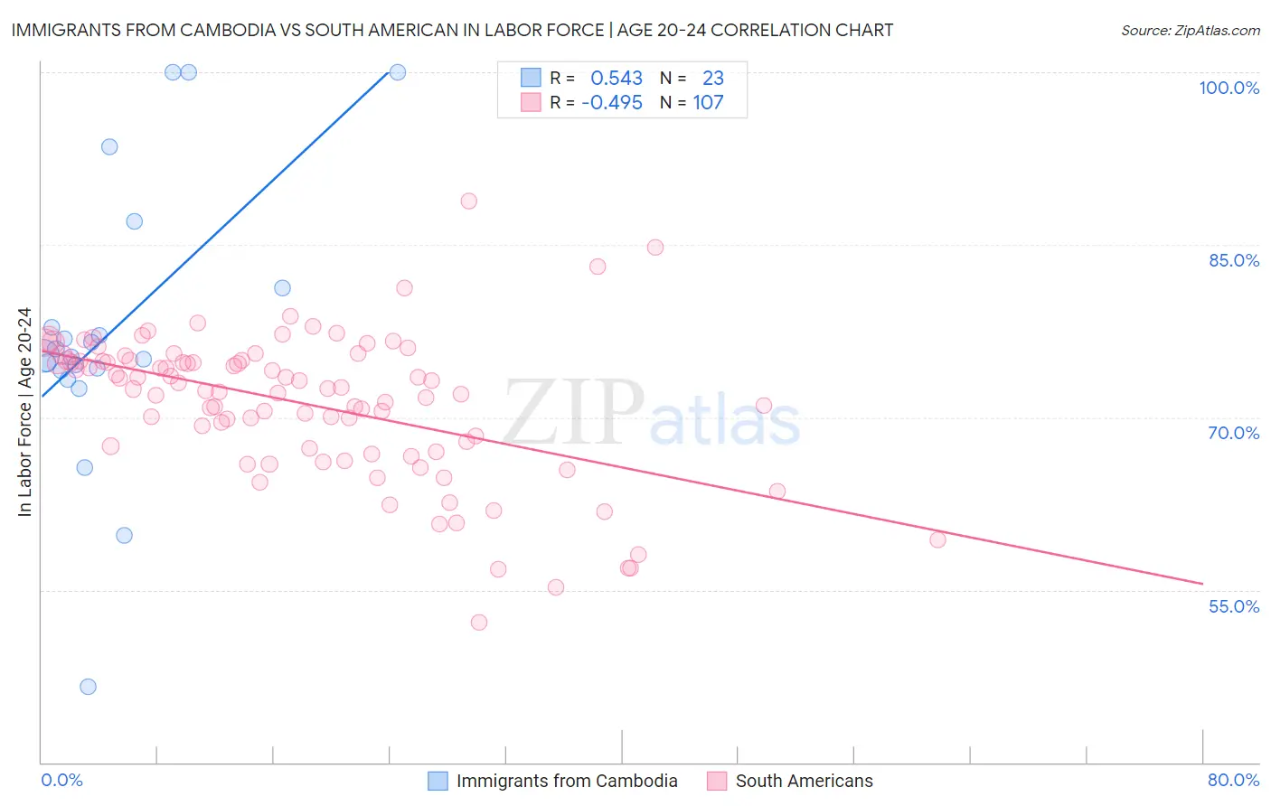 Immigrants from Cambodia vs South American In Labor Force | Age 20-24