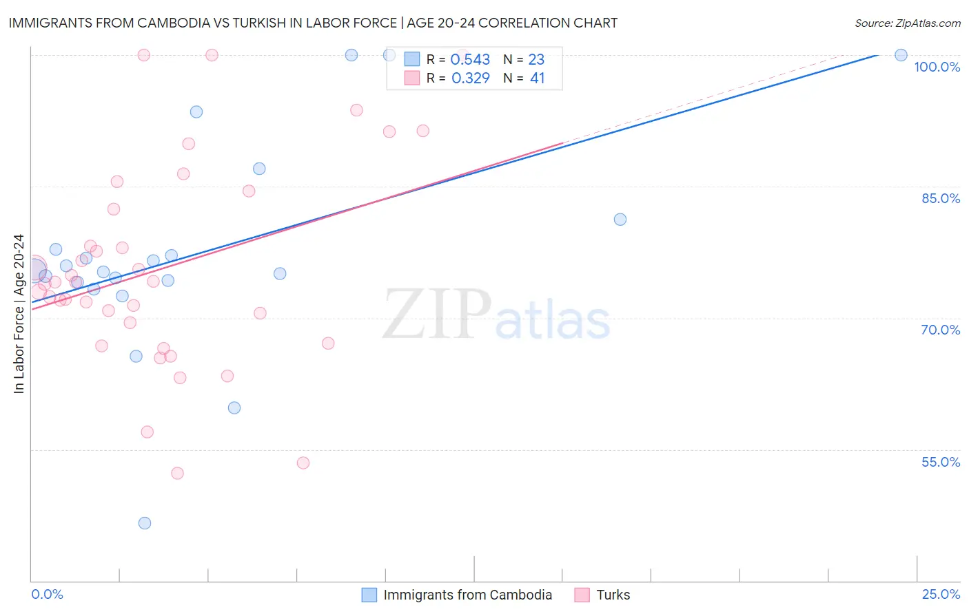 Immigrants from Cambodia vs Turkish In Labor Force | Age 20-24