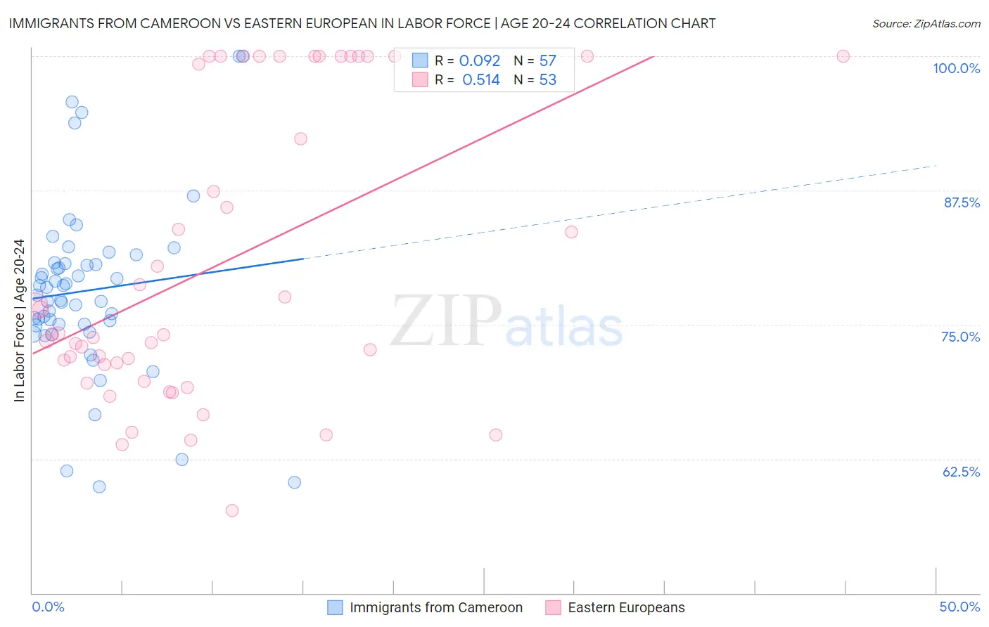 Immigrants from Cameroon vs Eastern European In Labor Force | Age 20-24