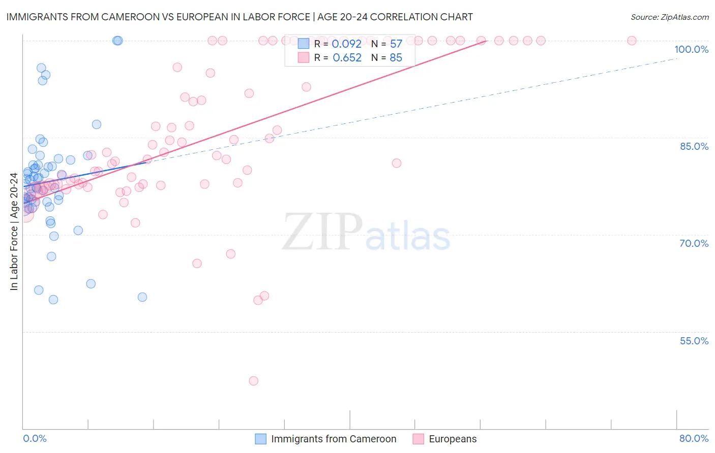 Immigrants from Cameroon vs European In Labor Force | Age 20-24