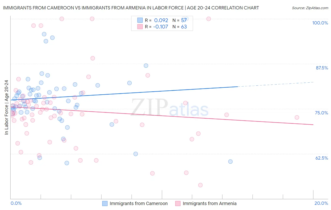 Immigrants from Cameroon vs Immigrants from Armenia In Labor Force | Age 20-24