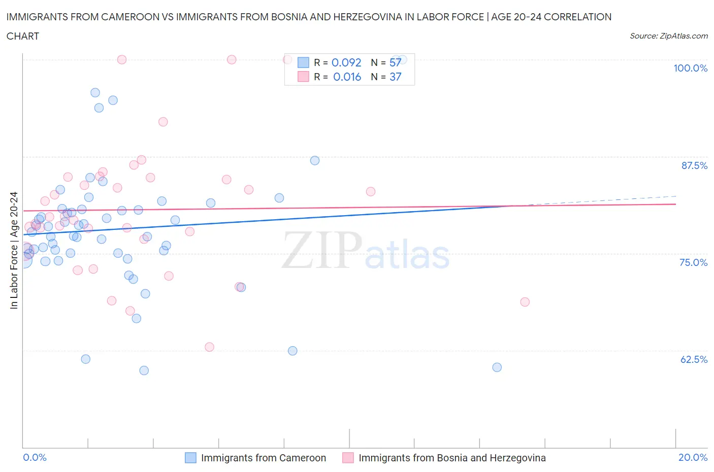 Immigrants from Cameroon vs Immigrants from Bosnia and Herzegovina In Labor Force | Age 20-24