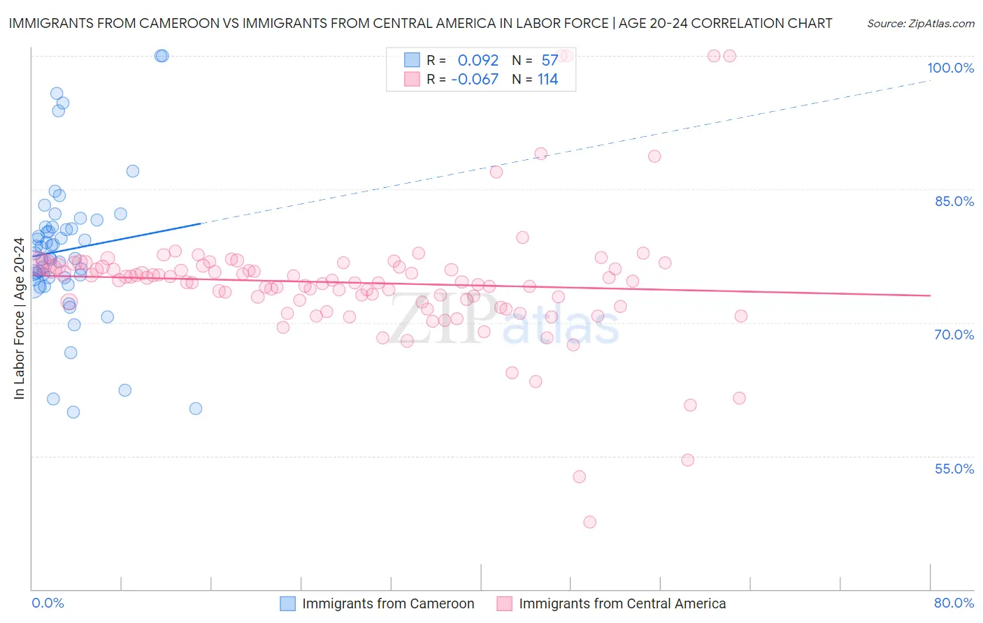 Immigrants from Cameroon vs Immigrants from Central America In Labor Force | Age 20-24