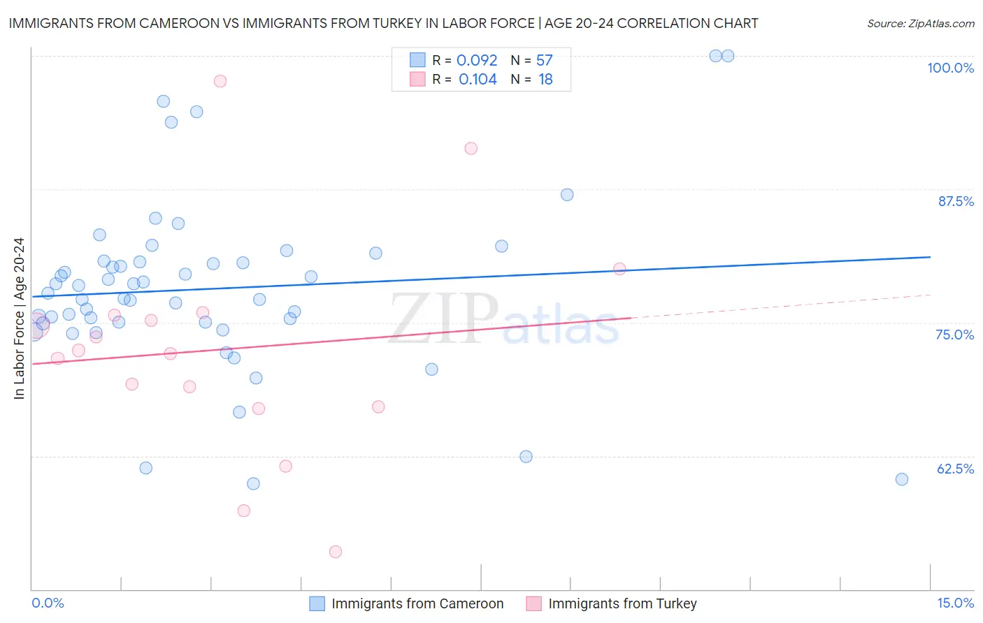Immigrants from Cameroon vs Immigrants from Turkey In Labor Force | Age 20-24