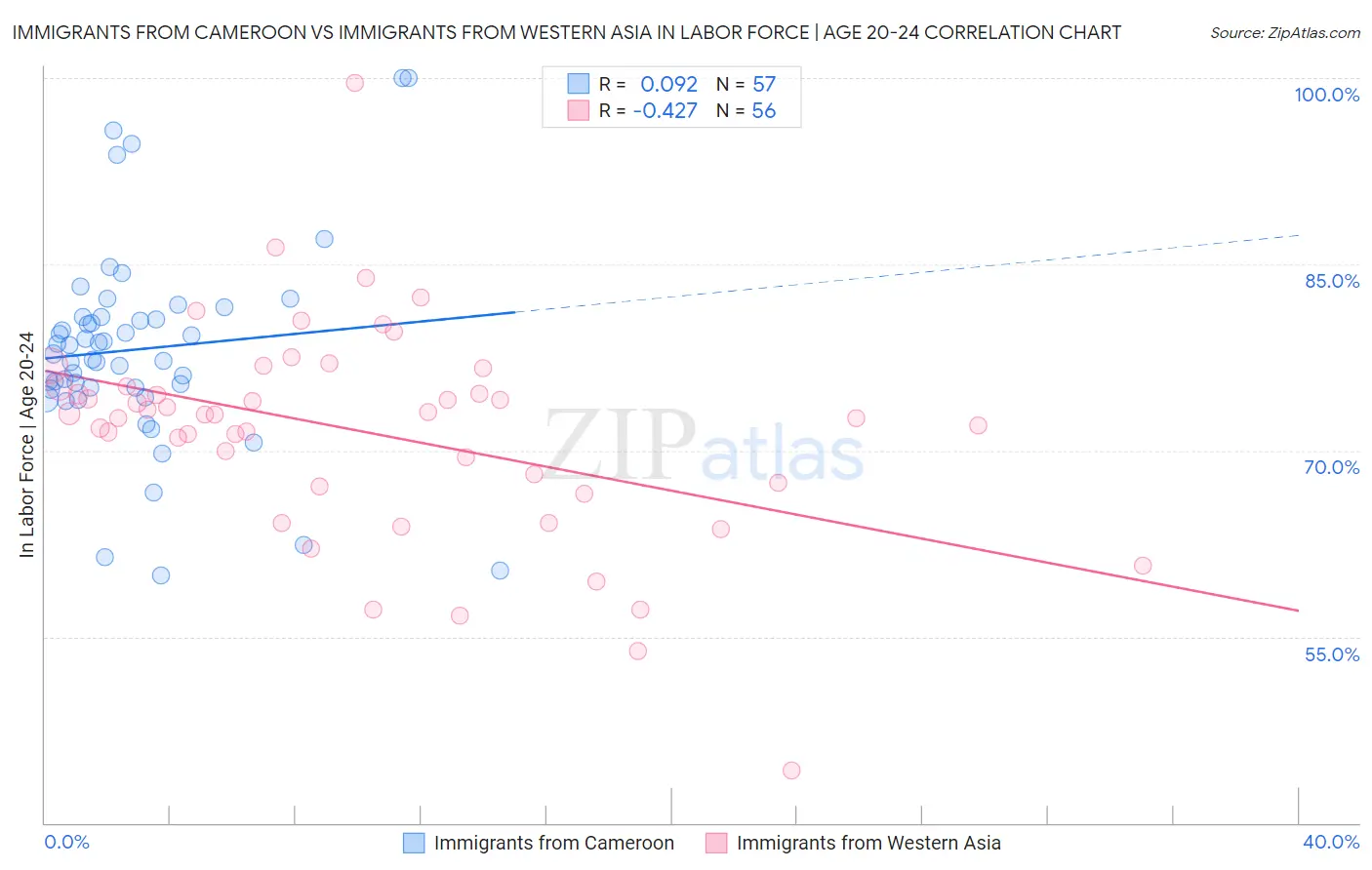 Immigrants from Cameroon vs Immigrants from Western Asia In Labor Force | Age 20-24