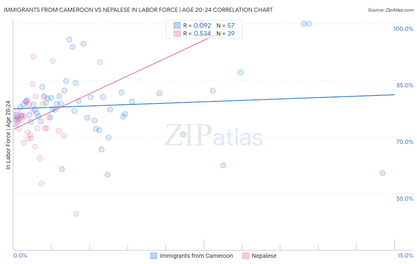 Immigrants from Cameroon vs Nepalese In Labor Force | Age 20-24