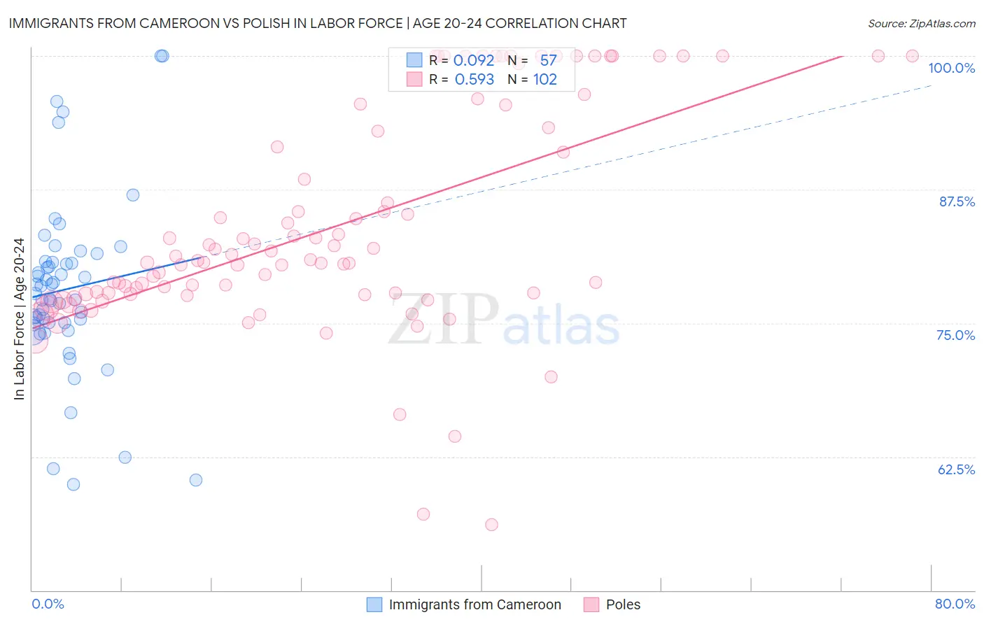 Immigrants from Cameroon vs Polish In Labor Force | Age 20-24