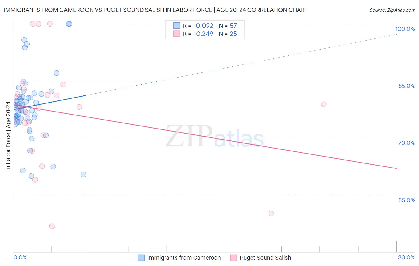 Immigrants from Cameroon vs Puget Sound Salish In Labor Force | Age 20-24