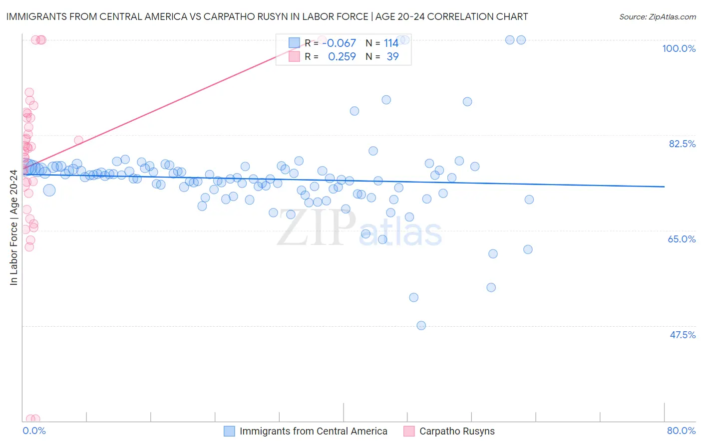 Immigrants from Central America vs Carpatho Rusyn In Labor Force | Age 20-24
