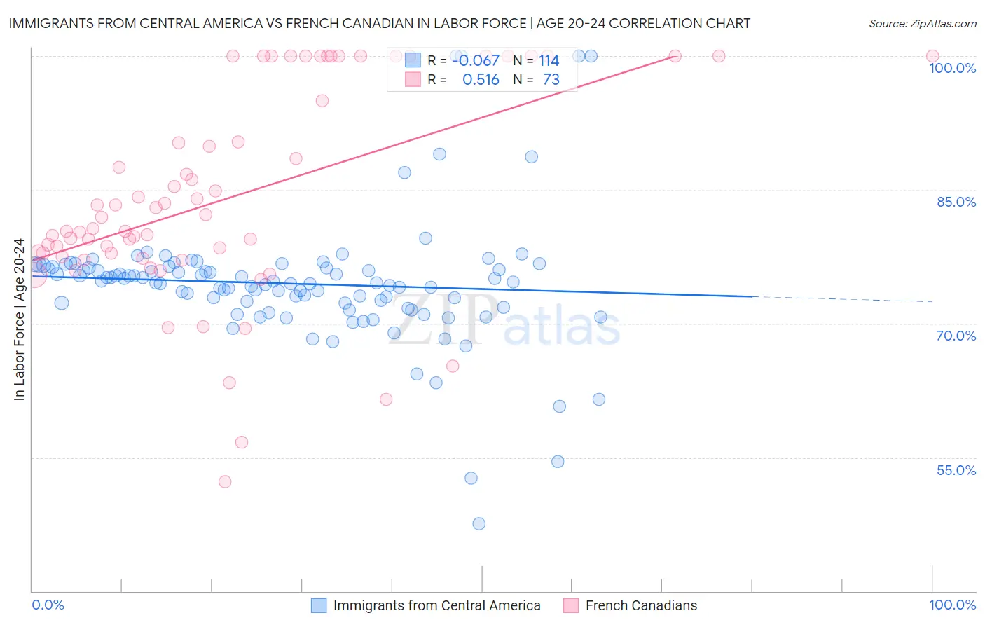 Immigrants from Central America vs French Canadian In Labor Force | Age 20-24