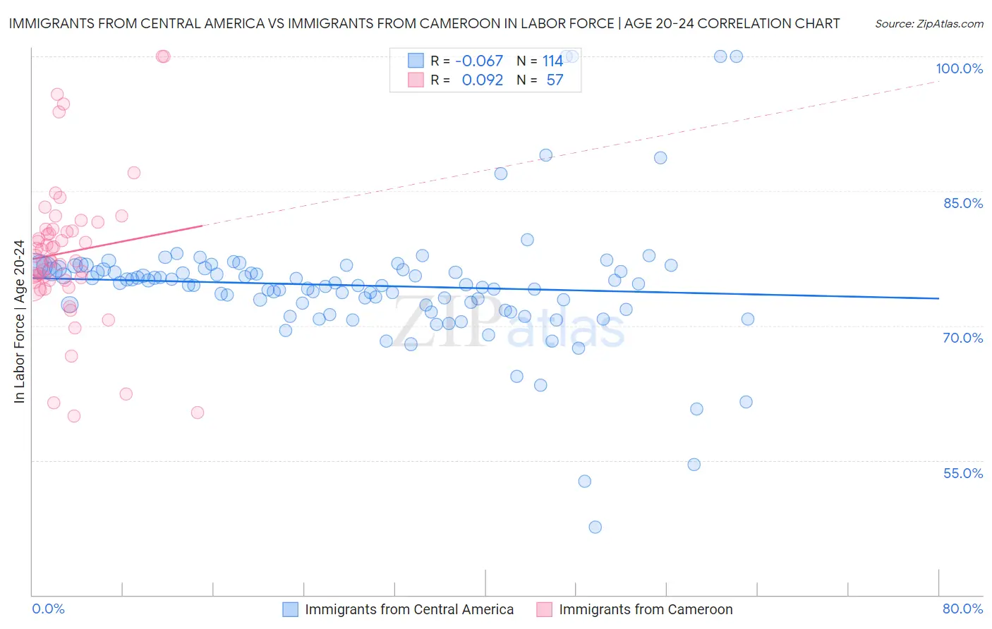 Immigrants from Central America vs Immigrants from Cameroon In Labor Force | Age 20-24