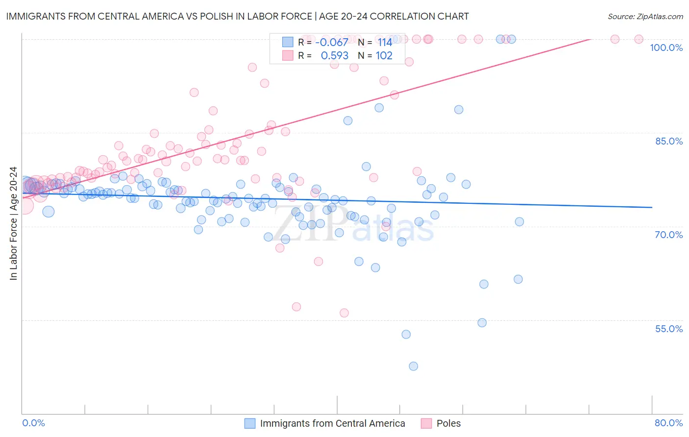 Immigrants from Central America vs Polish In Labor Force | Age 20-24