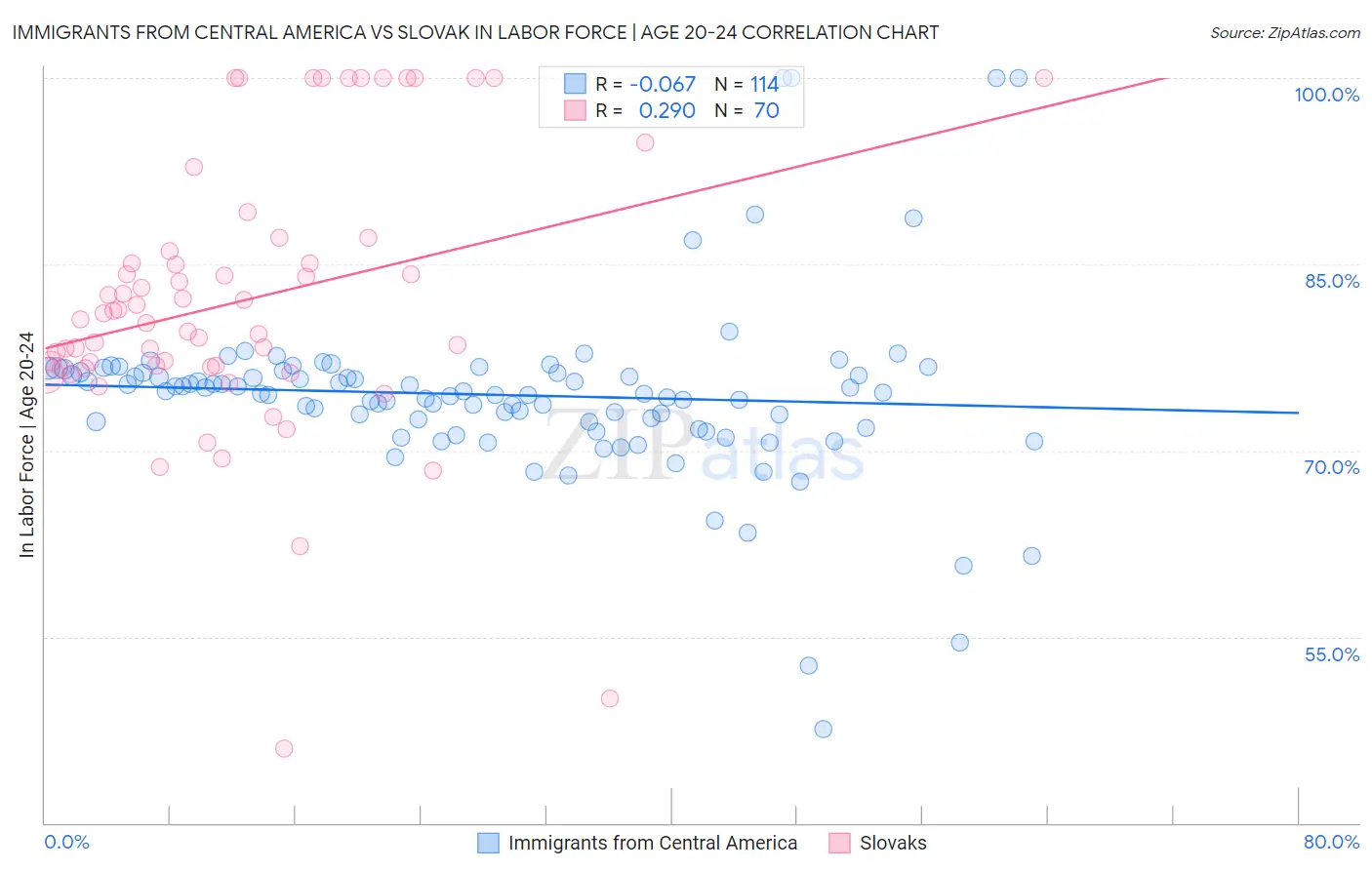 Immigrants from Central America vs Slovak In Labor Force | Age 20-24