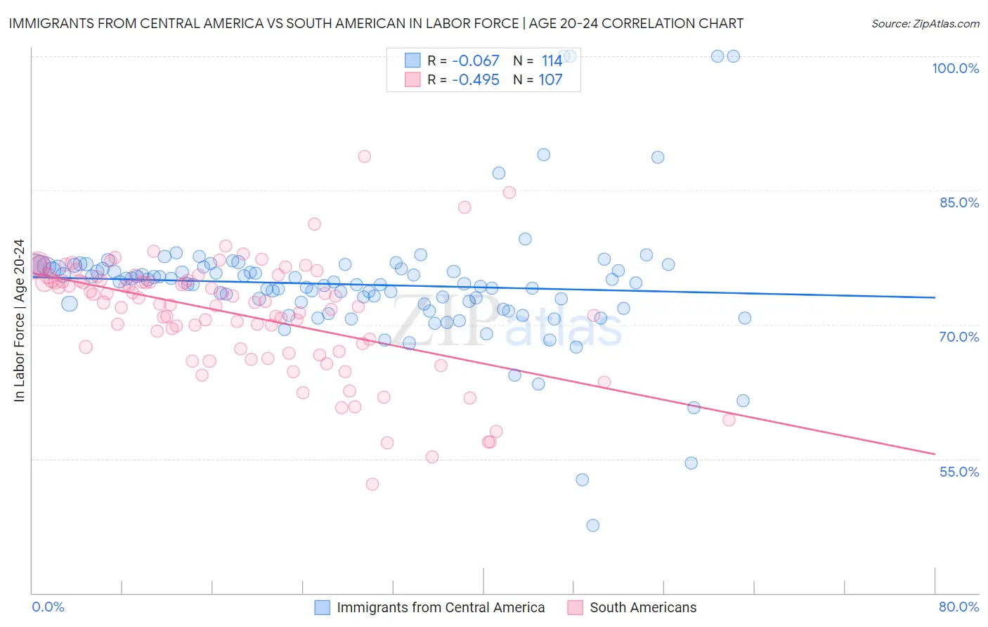 Immigrants from Central America vs South American In Labor Force | Age 20-24
