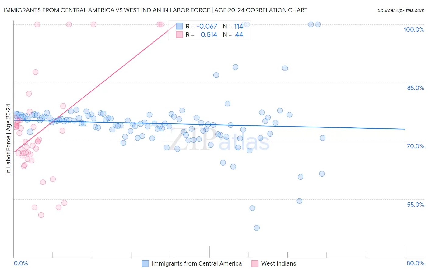 Immigrants from Central America vs West Indian In Labor Force | Age 20-24