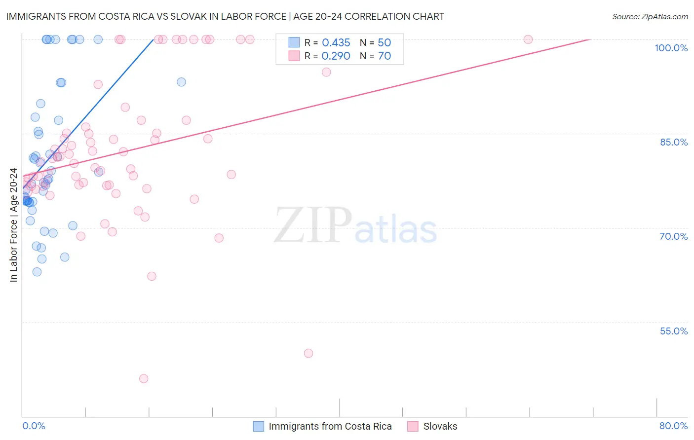 Immigrants from Costa Rica vs Slovak In Labor Force | Age 20-24