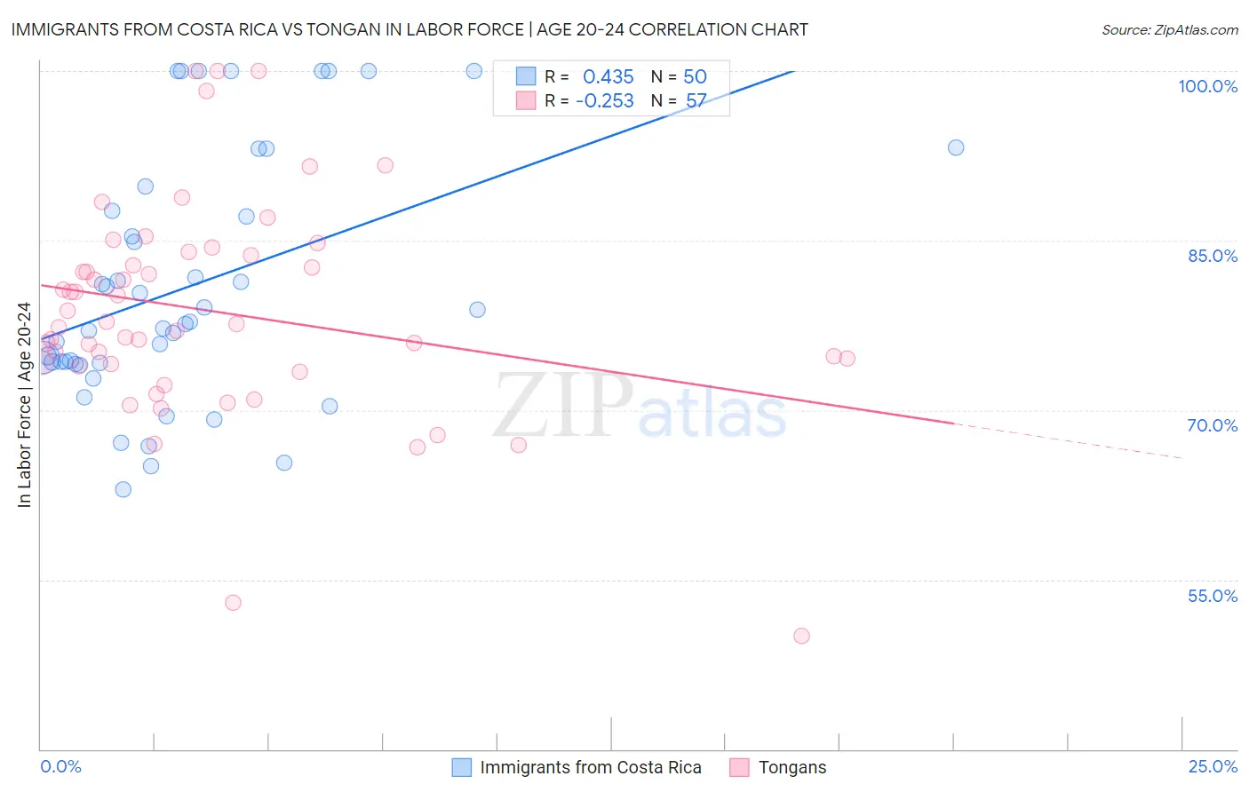 Immigrants from Costa Rica vs Tongan In Labor Force | Age 20-24