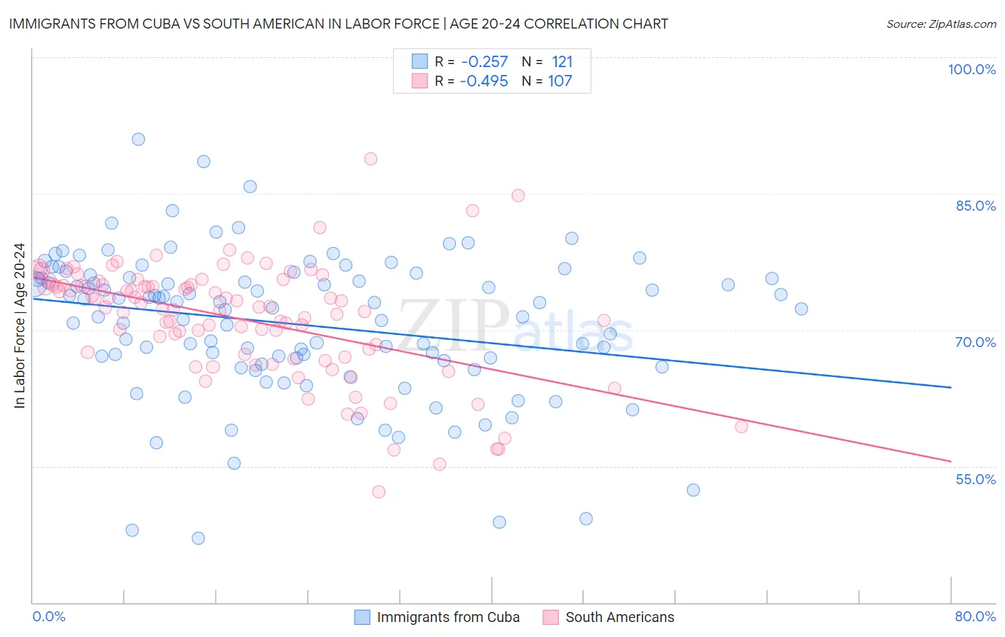 Immigrants from Cuba vs South American In Labor Force | Age 20-24