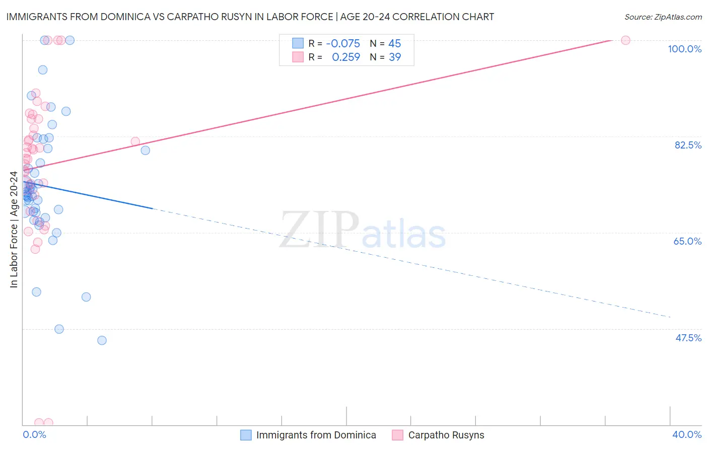 Immigrants from Dominica vs Carpatho Rusyn In Labor Force | Age 20-24