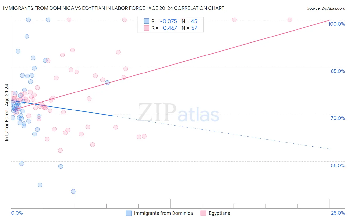 Immigrants from Dominica vs Egyptian In Labor Force | Age 20-24