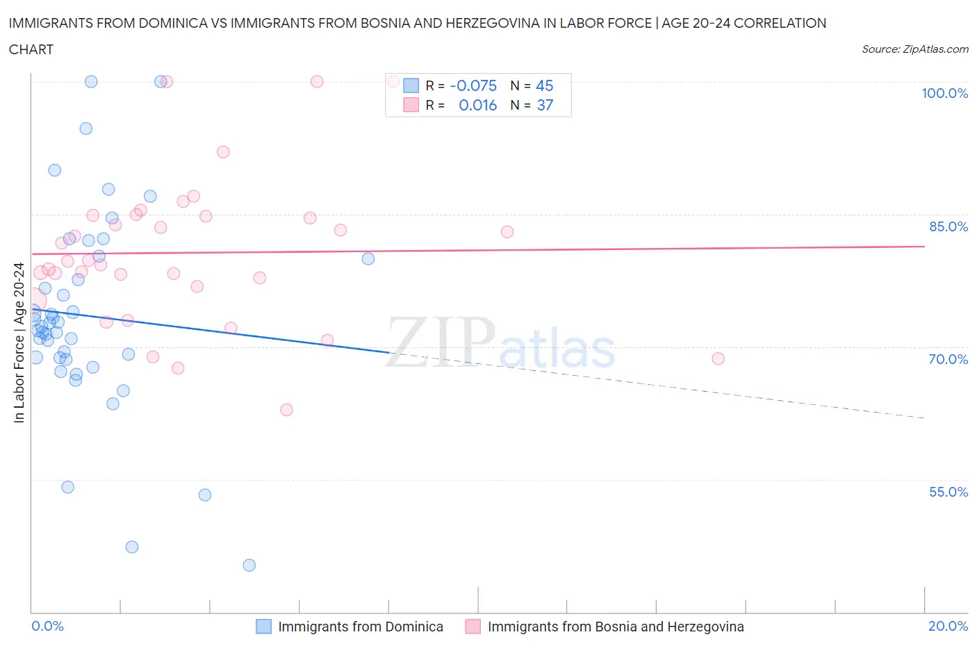 Immigrants from Dominica vs Immigrants from Bosnia and Herzegovina In Labor Force | Age 20-24