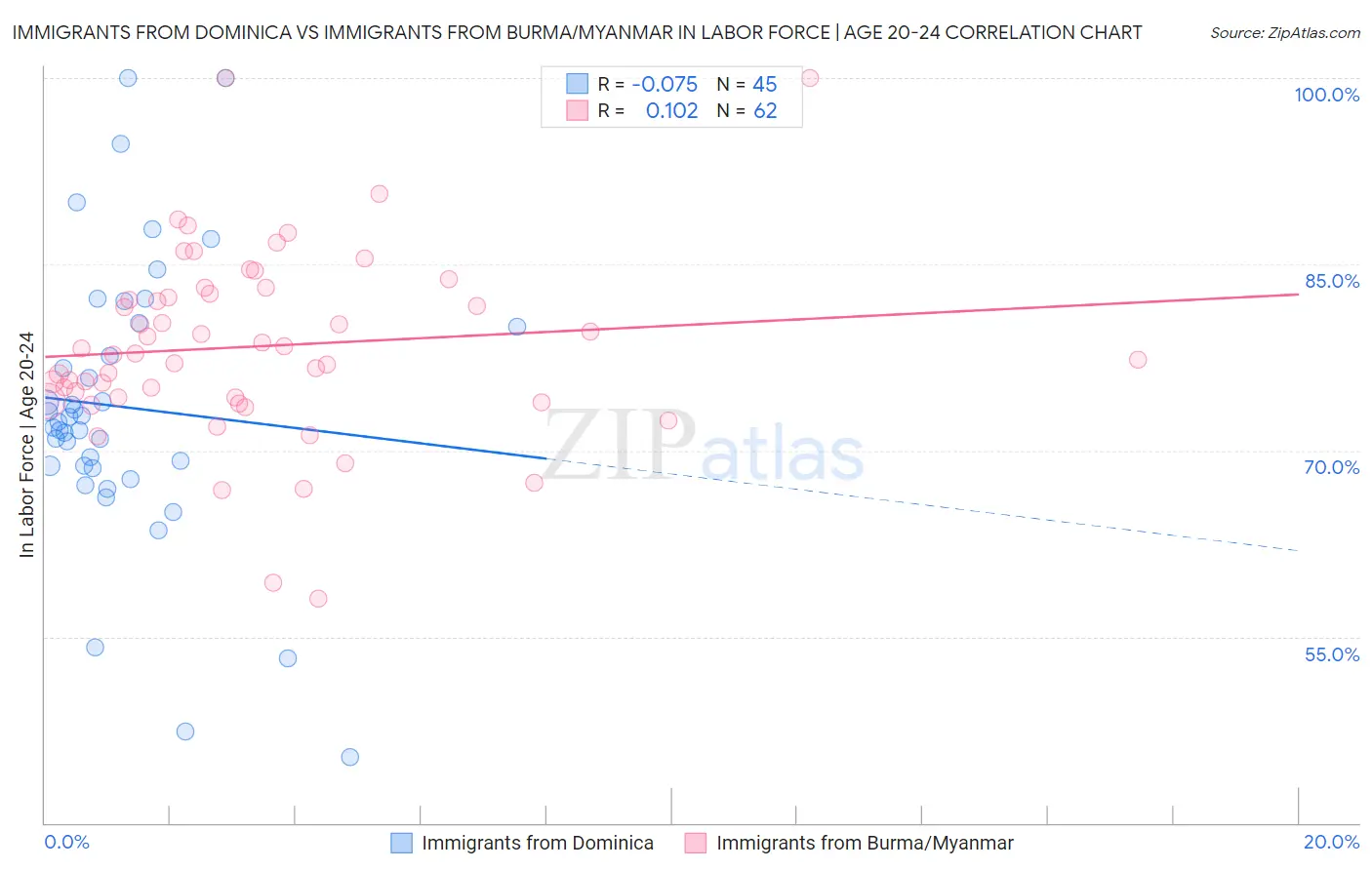 Immigrants from Dominica vs Immigrants from Burma/Myanmar In Labor Force | Age 20-24