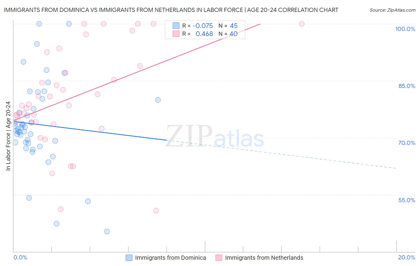 Immigrants from Dominica vs Immigrants from Netherlands In Labor Force | Age 20-24