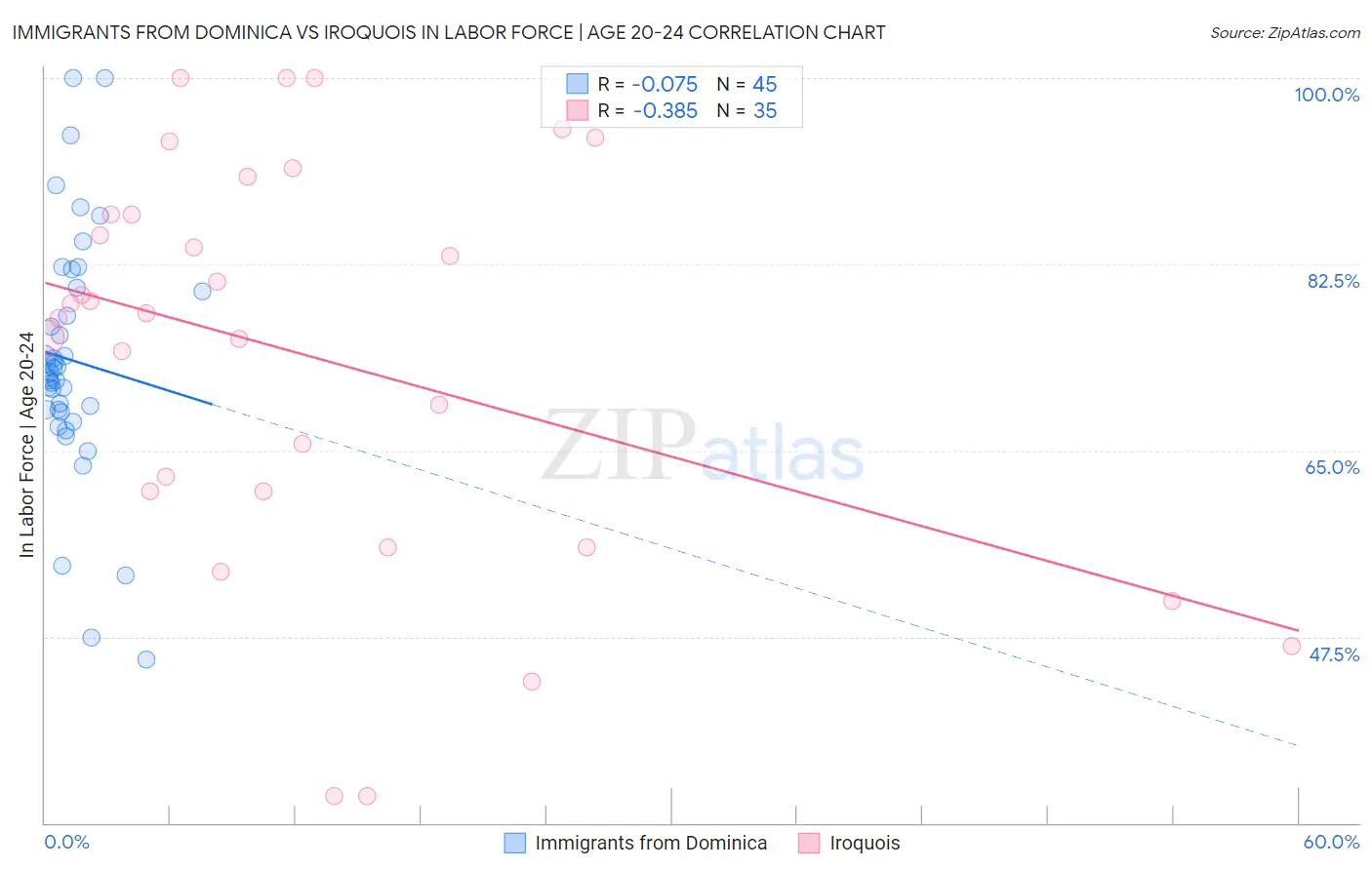 Immigrants from Dominica vs Iroquois In Labor Force | Age 20-24