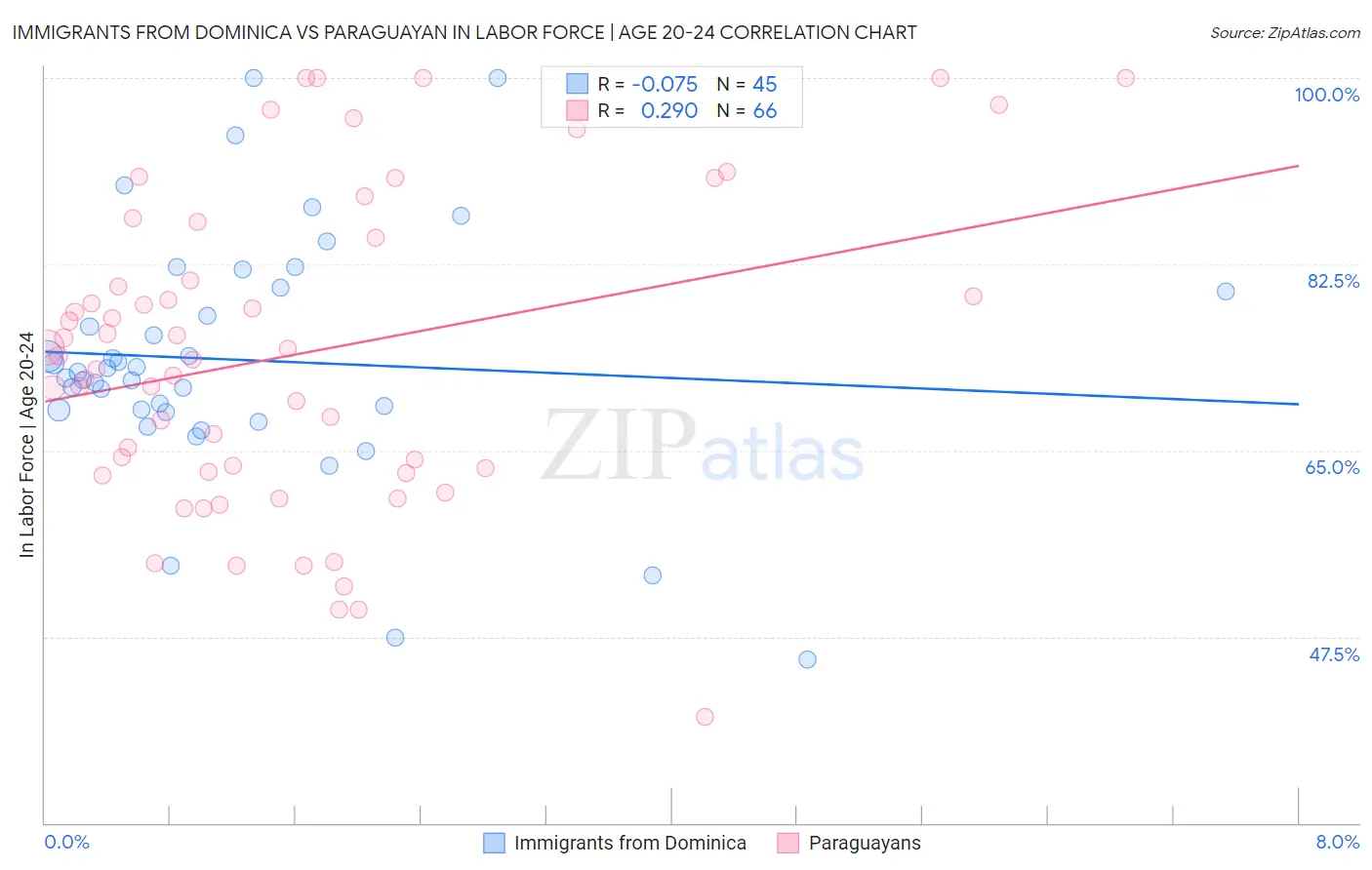 Immigrants from Dominica vs Paraguayan In Labor Force | Age 20-24