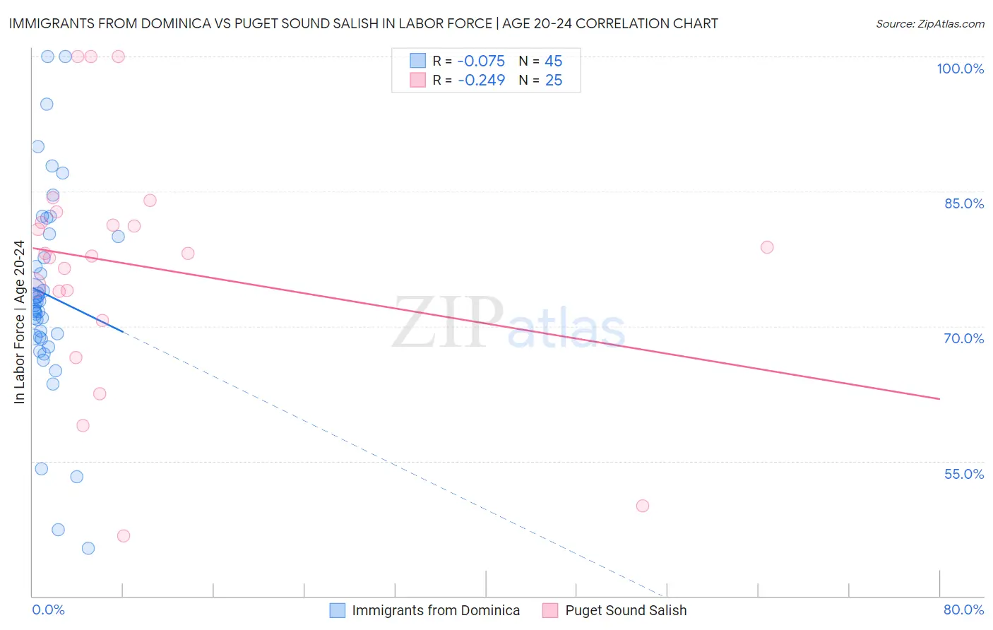 Immigrants from Dominica vs Puget Sound Salish In Labor Force | Age 20-24