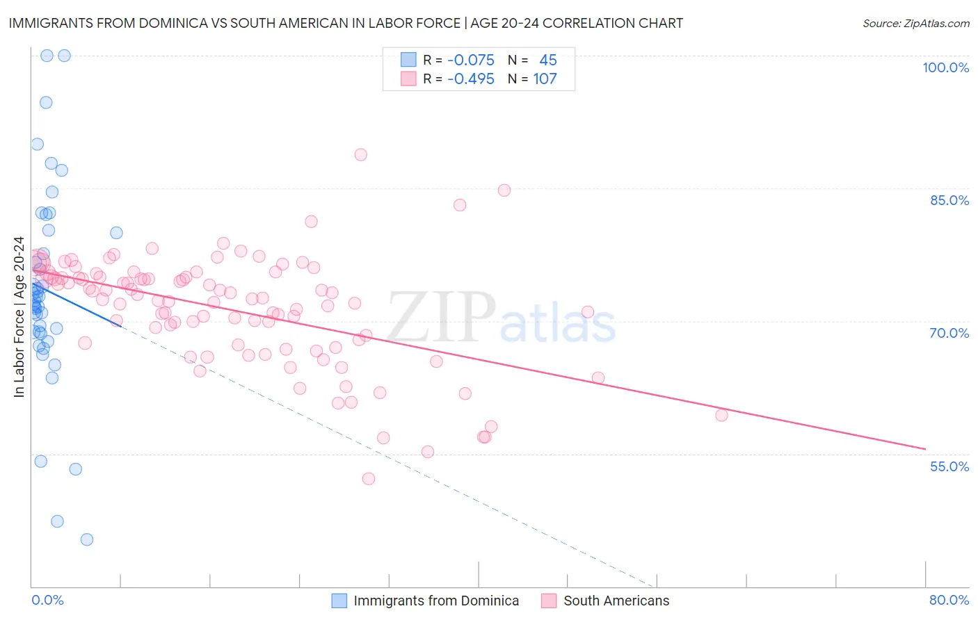 Immigrants from Dominica vs South American In Labor Force | Age 20-24