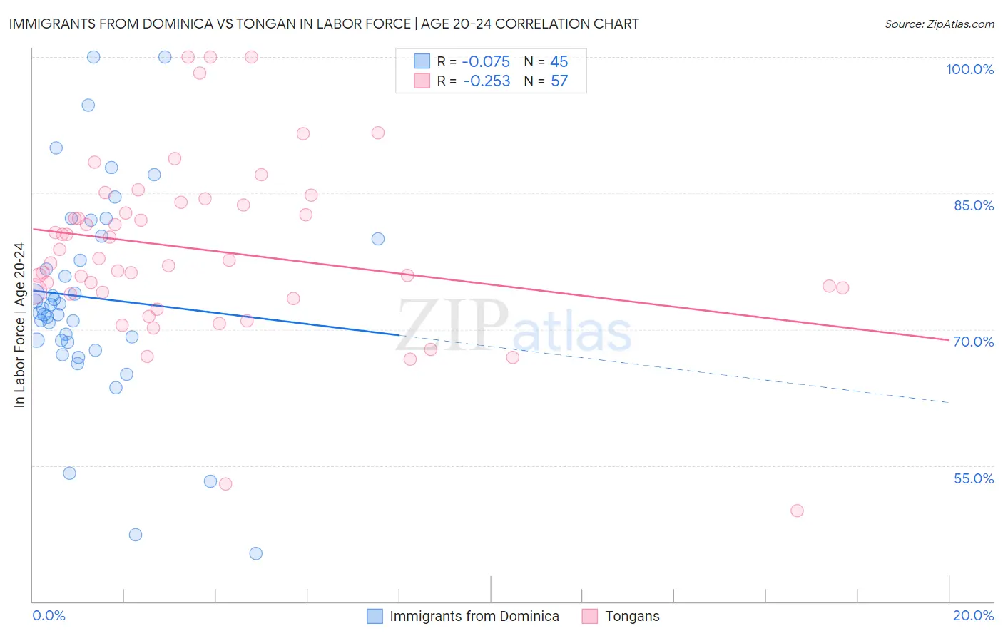 Immigrants from Dominica vs Tongan In Labor Force | Age 20-24