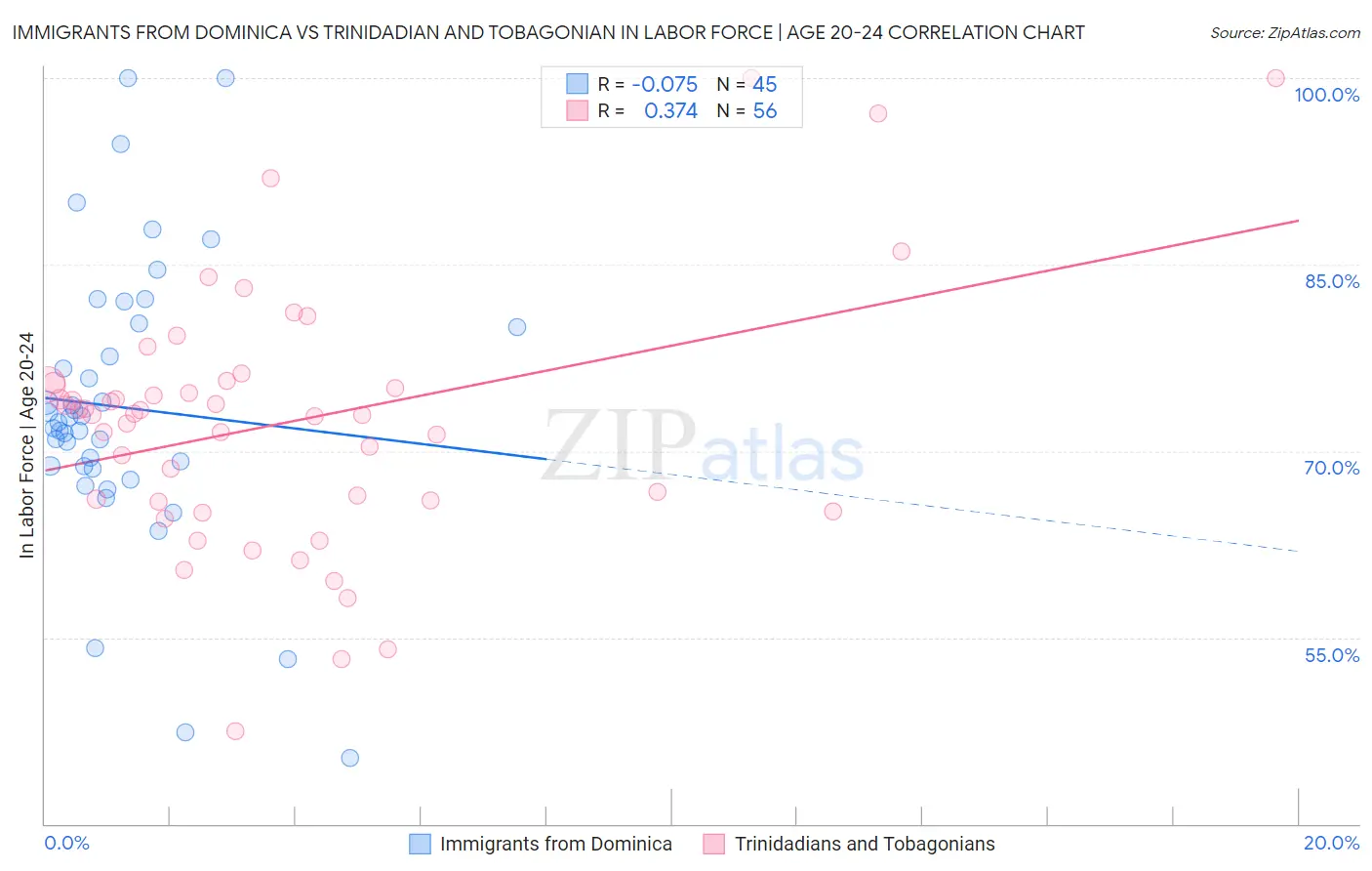 Immigrants from Dominica vs Trinidadian and Tobagonian In Labor Force | Age 20-24