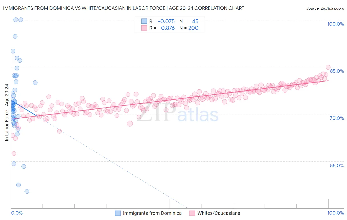 Immigrants from Dominica vs White/Caucasian In Labor Force | Age 20-24