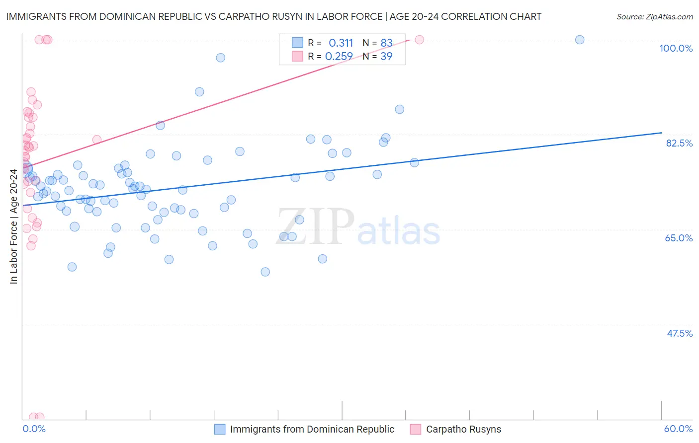 Immigrants from Dominican Republic vs Carpatho Rusyn In Labor Force | Age 20-24